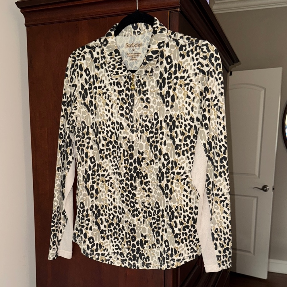 SanSoleil Leopard Print Long Sleeve Golf Top